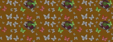 Raster illüstrasyonu. Çocuk için bahar paleti olan güzel raster kelebeği. Kahverengi arka planda izole edilmiş suluboya kelebekler. Klasik tarzda..