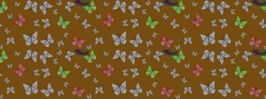 Uçan kelebek keten temalı Raster çizimi. Davetiye, kart ve parmak izi için basit kadınsı bir model. Giysiler için böcek kumaşı klipsleri tekrarlanıyor. Kahverengi üzerine kelebek bezi şablonu.