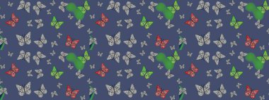 Raster illüstrasyonu. Çizim kalıbı. Kumaş, tekstil, baskı ve davetiye için arka plan. Mavi renkteki güzel renkli kelebekler.