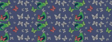 Raster illüstrasyonu. Çizim kalıbı. Mavi renkte güzel renkli kelebekler. Kumaş, tekstil, baskı ve davet için arkaplan.