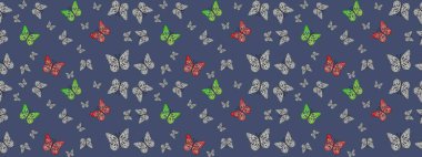 Raster illüstrasyonu. Mavi arka planda kelebek deseni. Kumaş, kağıt, ambalaj kağıdı ve duvar kağıdı tasarımı için sevimli bir arkaplan.