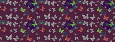 Raster. Karala, karala, karala. Kahverengi arka planda renkli kelebek deseni. Kahverengi renkte resim.