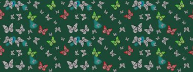 Tekstil, duvar kâğıtları, web sayfası arkaplanları ve yüzey dokuları için mükemmel. Raster illüstrasyonu. Yeşil renkli kelebeklerin eskiz arka planı.