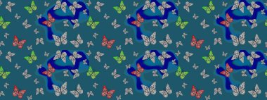 Yüzey dokuları, duvar kağıtları, web sayfası geçmişi, tekstil için mükemmel. Raster illüstrasyonu. Renkli sevimli kelebek. Mavi renkli resimler. Taslak şablon arkaplanı.
