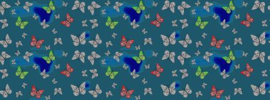 Kelebek gölgeleri ve siluetler. Bahar ve yaz tropikal kelebek çizim deseni mavi renklerde. Raster illüstrasyonu. Kumaş, kağıt, ambalaj için uygun.