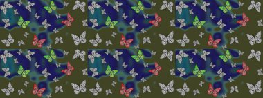 Kelebekli çizim şekli. Yeşil. Kumaş, kağıt, ambalaj kağıdı ve duvar kağıdı tasarımı için sevimli bir arkaplan.