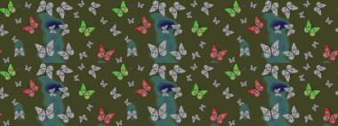 Kitap sayfaları için çiçek ormanlarında uçan güzel kelebekler. Raster illüstrasyonu. Renk çizimi kalıbı. Fantezi güzel illüstrasyon. Yeşil renkli resimler.