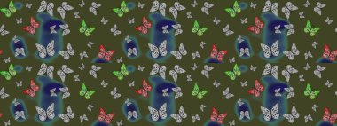 Kelebek gölgeleri ve siluetler. Bahar ve yaz tropikal kelebek eskiz deseni yeşil renklerde. Raster illüstrasyonu. Kumaş, kağıt, ambalaj için uygun.