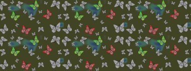 Raster illüstrasyonu. Renk çizimi kalıbı. Fantezi güzel illüstrasyon. Yeşil renkli resimler. Kitap sayfaları için çiçek ormanlarında uçan güzel kelebekler..