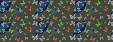 Ambalajlar, duvar kağıtları, kumaş tasarımı ve kağıt için güzel bir arka plan. Renkli kelebeklerin eskiz geçmişi. Yeşil üzerinde sevimli kelebekler. Raster illüstrasyonu.