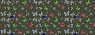 Raster. Web sayfası geçmişleri, duvar kağıtları, tekstil ve yüzey dokuları için mükemmel. Çizim kalıbı. Yeşil arka plandaki suluboya kelebeklerin. Raster illüstrasyonu.