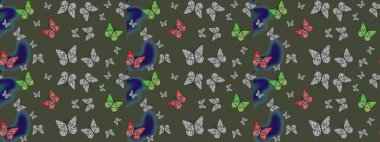Raster. Kelebek deseni. Moda Kumaşı Tasarımı. Soyut eskiz arka planı. Yeşil renkler üzerine resim.