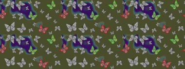 Raster illüstrasyonu. Davetiye, kart ve parmak izi için basit kadınsı bir model. Rastgele yeşil kelebekler şirin desenler. Yeşil arka planda kelebek. Çizim.