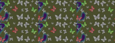 Uçan kelebek keten temalı Raster çizimi. Davetiye, kart ve parmak izi için basit kadınsı bir model. Yeşile kelebek desenli kontrastlı çizim. Giysiler için böcek kumaşı klipsleri tekrarlanıyor.