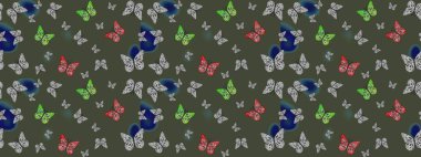 Kelebeklerle dolu renkli bir halk eskizi çizimi. Yeşil arka planda renkli bir kelebek. Davetiye, kart, yazdırma için basit şirin desen.