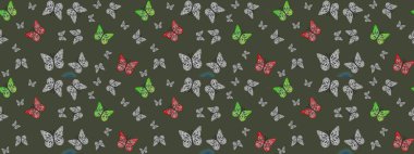 Parmak izi dokuları için sevimli kelebek çizimi deseni. Giysi tasarımı için dekor arka planı. Yeşil kelebek deseni. Raster illüstrasyonu.