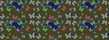 Raster. Tropik gerçekçi kelebek. Yeşil arka planda güzel renkli kelebek. Kelebek tasviri. Sırtın için parlak bir dövme..