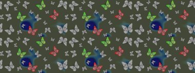 Parmak izi dokuları için sevimli kelebek çizimi deseni. Yeşil kelebek deseni. Raster illüstrasyonu. Giysi tasarımı için dekor arkaplanı.