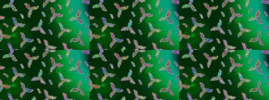 Renkli arka planda izole kar taneleri. Yüzey için tekrarlanan doku, ambalaj kağıdı, mavi, yeşil ve mor renkler. Kış kar tanesi, raster arka plan. Raster illüstrasyonu.