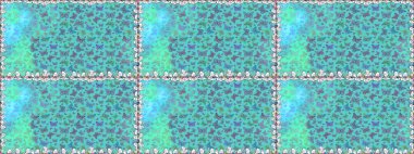 Renkli folklorlu, kelebekli kusursuz desen. Mavi ve yeşil arka planda renkli kelebekler. Paketleme, kağıt, kumaş için uygun.