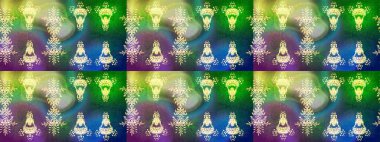 Kar tanelerinin soyut arkaplanlı Noel şablonu. Raster illüstrasyonu. Noel ve yeni yıl moda baskıları için tatil tasarımı. Renkler. Altın kar taneleri.