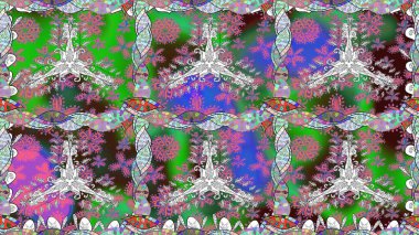 Çiçeksiz desenli, suluboya elle çizilmiş elementler. Parlak renkli fantezi çiçekleri, yapraklar, yeşil renkli tomurcuklar.