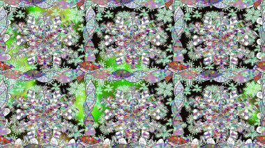 İşlemeli çiçekli, dikişsiz desen. Renkli grunge, koloni çiçekleri ile soyut bir arka plan oluşturur. İzler, kumaş, duvar kağıtları, tekstil için raster dokusu.