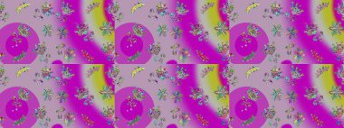 El çizimi çiçekli, pürüzsüz bir desen. Tekstil, kumaş, ambalaj, hatıra defteri için hoş bir çiçek arkaplanı. Çocuksu tasarım. Tarafsız, mor ve morumsu arkaplanda.