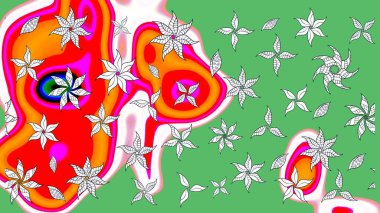 Çiçekli zambakların eskiz geçmişi. Çiçek tasarımı için inanılmaz bir kolaj cenneti tarzı. Parlak çiçekli kolaj çiçekleri yeşil.