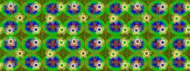 Kar tanelerinin soyut arkaplanlı Noel şablonu. Raster illüstrasyonu. Yeşil, mavi ve sarı renkler. Noel ve Yeni Yıl moda baskıları için tatil tasarımı.