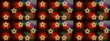 Kar tanelerinin soyut arkaplanlı Noel şablonu. Raster illüstrasyonu. Kahverengi, siyah ve kırmızı renkler. Noel ve Yeni Yıl moda baskıları için tatil tasarımı.