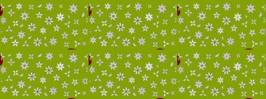 Millefleur 'lar. Oldukça eski bir besin torbası deseni, küçük yeşil renkte, çiçekler. Tekstil, kumaş, kapaklar, duvar kağıtları, baskı, paket, koleksiyon defteri, örgü, dekupaj için çiçek arkaplanı..