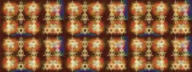 Çiçek desenli çizim. Raster illüstrasyonu. Asya tekstil tarzında. Kahverengi, turuncu ve sarı renkli çiçekler. Renkli Bahar Teması eskiz kalıbı. Düz Çiçek Elementleri Tasarımı.