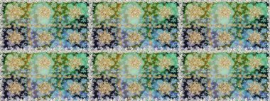 Kusursuz desenli oryantal süs. İslam tasarımı. Çiçek kiremitleri. Altın elementlerle nötr renklerde altın desen. Raster altın tekstil baskısı.