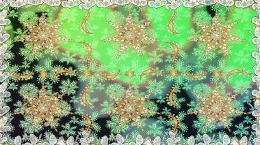Yeşil renklerde, altın elementlerle kusursuz desen. Klasik klasik klasik arka plan. Geleneksel oryantasyon süsü. Klasik raster altın pürüzsüz desen.