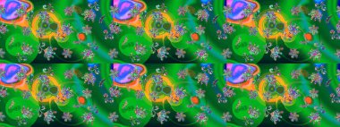 Yeşil ve mavi renkte çiçekler. Tatil havası. Raster güzel bir çiçek deseni çizmiş. Bahar mevsimi. Nazik romantik baskı.