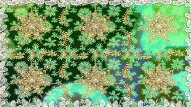 Noel, kar tanesi, yeni yıl. Yeşil renklerde ve altın elementlerle kusursuz klasik desen. Yeşil renklerdeki altın desenli altın elementler.