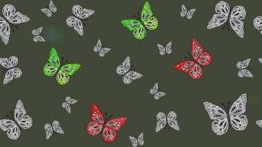 Moda Kumaşı Tasarımı. Şirin kelebeklerin güzel çizim şekli. Elle çizilmiş illüstrasyon. Raster. Yeşil renkli resimler.