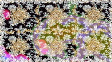 Kına dövmeli süs çiçekleri, altın çıkartmalar, mehndi ve yoga tasarımı, kartlar ve parmak izleri. Tarafsız renklerde desen. Raster altın mehndi kusursuz desen.