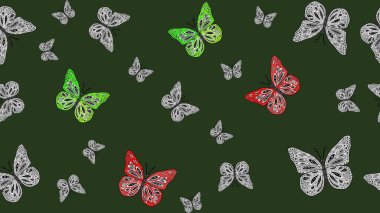 Yeşil renkli şirin kelebek çizimi. Tropikal temalı kelebek deseni. Raster illüstrasyonu. Tekstil, duvar kağıtları, web sayfası arkaplanları, yüzey dokuları için mükemmel.