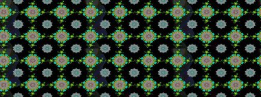 Raster illüstrasyonundaki çiçek desenli çizim. Raster illüstrasyonu. Siyah, gri ve yeşil renklerde. Güzel kumaş deseni.