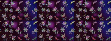 Sevimli çiçek raster deseni. Kahverengi, mavi ve siyah renkte çiçekler. Renkli Bahar Teması eskiz kalıbı. Düz Çiçek Elementleri Tasarımı.