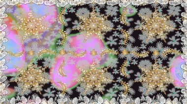 Altın karalama fantezi yapraklarından ve gri renkli çiçeklerden Raster soyut çiçek çelengi. El yapımı dekoratif çerçeve, albüm kapağı, tebrik kartı, klasik Art deco tarzı.