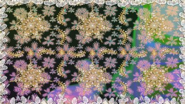 Davetiyeler, kartlar, web sayfası için Raster illüstrasyon. Gri renklerdeki altın element. Altın desenli çiçek dekoru. Doğu tarzı element. Çizgi sanatı tasarım şablonu için sınırsız sınır.