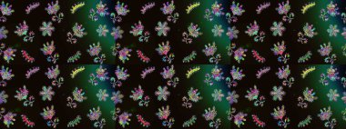 Çiçek desenli çizim. Asya tekstil tarzında. Düz Çiçek Elementleri Tasarımı. Renkli Bahar Teması eskiz kalıbı. Siyah, yeşil ve gri renkli çiçekler. Raster illüstrasyonu.