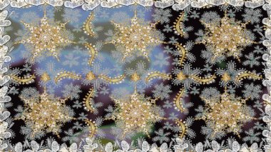 Altın antika ortaçağ dekoratifi, yapraklar ve gri renkli altın desenli süslemeleri olan pürüzsüz bir şablon. Kusursuz kraliyet lüksü, altın barok kumaş rengi..