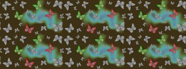 Raster illüstrasyonu. Kumaş, kağıt, ambalaj kâğıdı ve duvar kağıdı tasarımı için güzel bir arka plan. Renkli kelebeklerin eskiz arka planı.