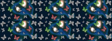 Mavi renkli sanat kelebekleri. Kağıt, kumaş, ambalaj kağıdı ve duvar kâğıdı tasarımı için hoş bir arkaplan. Raster. Çocuklar için kelebek çizim kalıbı.
