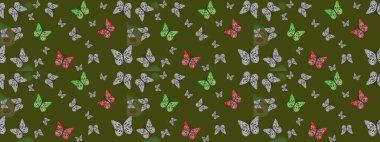 Renkli kelebeklerin eskiz geçmişi. Kumaş, kağıt, ambalaj kâğıdı ve duvar kağıdı tasarımı için güzel bir arka plan. Raster illüstrasyonu.