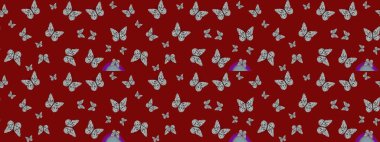 Raster. Karala, karala, karala. Kırmızı arka planda renkli kelebeğin çizim şekli. Kırmızı renkte resim.
